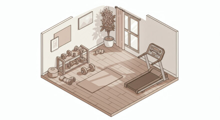 A minimalist home gym setup in a sepia-toned isometric illustration, featuring essential workout equipment for physical training and health.