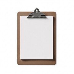 A rectangular brown clipboard with a blank white sheet of paper, lying flat,