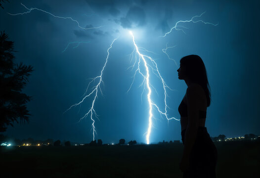 a woman's silhouette against a bright lightning bolt in the night sky and dark clouds