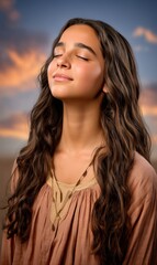 Fototapeta premium A woman enjoying a peaceful moment outdoors at sunset