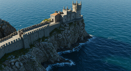 Aerial view of swallow's nest castle on a cliff overlooking the black sea with a stone bridge leading to it