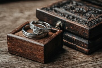 Two wedding rings rest atop a small wooden box, nestled beside a larger, intricately carved wooden box