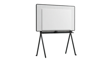 A blank white display screen on a black stand