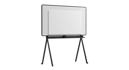 A blank white display screen on a black stand