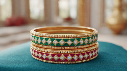 Vibrant traditional Indian bangles are showcased in a festive environment, highlighting intricate green and red diamond pattern