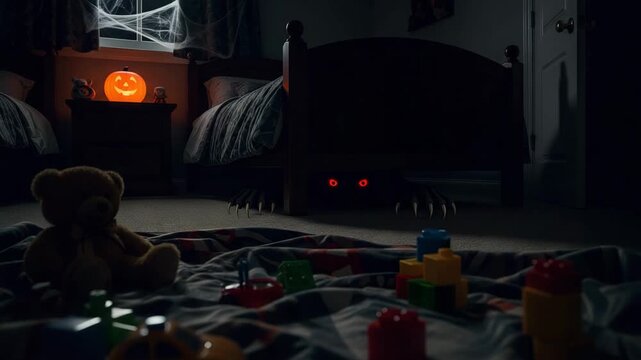 A monster with red eyes and clawed paws looks out from under a child's bed, frightening. A nightmare. A creepy creature hides under the bed in a child's bedroom. A creepy atmosphere. For horror movies