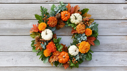 Beautiful seasonal wreath adorned with pumpkins, autumn leaves, and florals, perfect for decorating doors in fall