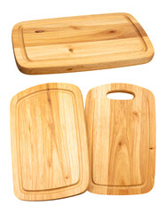 Wooden cutting boards, crafted from natural wood, featuring juice grooves and a handle on transparent background