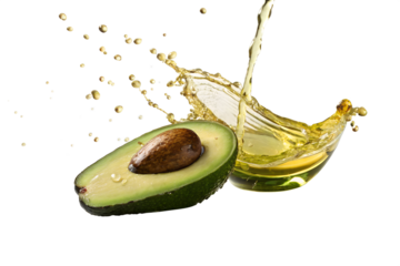 Avocado oil drips from isolated avocado fruits