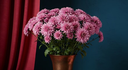 Pink Chrysanthemum Flowers in Copper Vase with Red Curtain and Dark Blue Wall Background