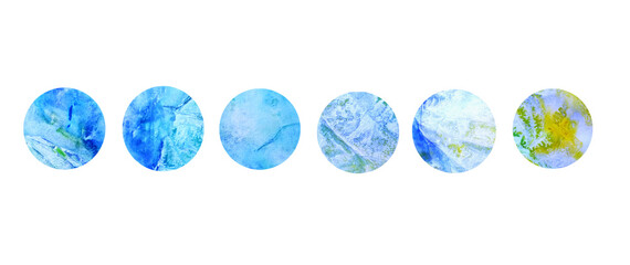 Watercolor textures in light blue tones. Watercolor samples of different shades of blue, placed on a white background, showing color variations and textures