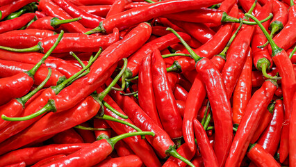 A vibrant pile of ripe red chili peppers, glistening with moisture, showcasing their intense color...