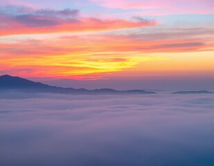 Obraz premium A vibrant sky painted with hues of orange, pink, and purple during sunset, with fluffy clouds softly illuminated, creating a breathtaking natural canvas.