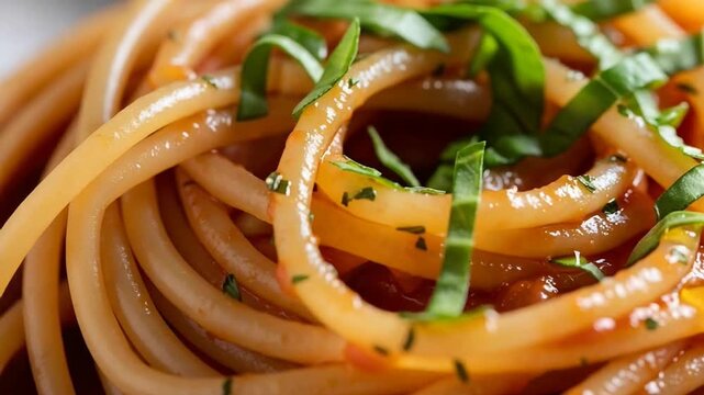 Close-up of Delicious Thick Spaghetti Pasta with Vibrant Tomato Sauce and Fresh Green Basil Garnish  Ready to Serve  Focus on Texture and Color