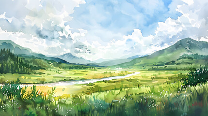 Obraz premium watercolor painting of a lush green valley