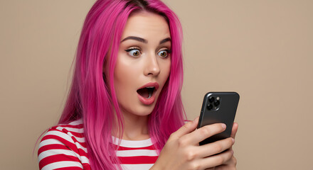 young woman using mobile phone Astonished young woman with pink hair reacts to shocking smartphone content; surprised, amazed expression; bright, vibrant, emotional stock photo.
