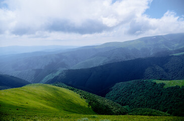 Beautiful mountains landscape with green hills. Carpathians, Ukraine.