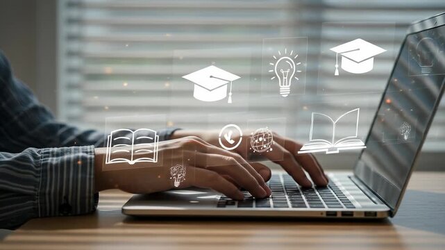Online Education: Woman Typing on Laptop with Animated Learning Icons - Digital Learning, E-learning, and Academic Success