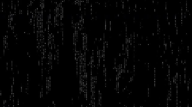 Loop animation of a white random digital data matrix of binary code numbers isolated on a black background. Seamless motion background for technology, coding, science, cyberspace, or UI concept