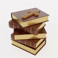 A stack of antique books with brown covers and gold embossing, topped with a wooden cross,