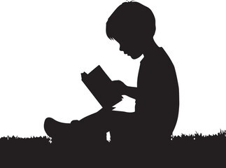 one boy with book and read a book, silhouette, illustration, vector, black, person, office, holding, boy, sitting