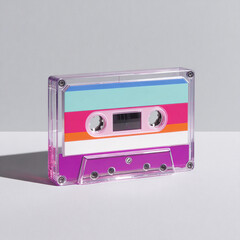 Obraz premium Colorful cassette tape with vibrant stripes on a clean white surface in natural light