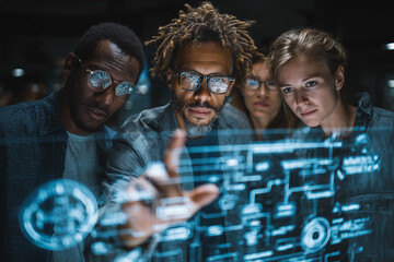 Software engineers working on innovative app using futuristic transparent display technology