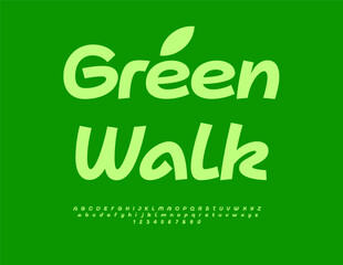Vector Healthy template Green Walk. Eco green Font. Artistic Handwritten Alphabet Letters and Numbers.