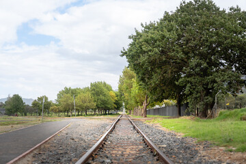 Obraz premium Eisenbahnschienen in den südafrikanischen Winelands die in die Ferne führen