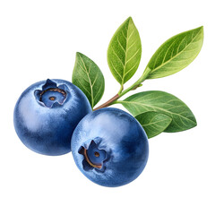 two fresh blueberries side by side and leaves on white background png