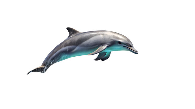 A sleek grey dolphin leaping out of the water, showcasing its powerful body and playful nature, isolated on transparent background