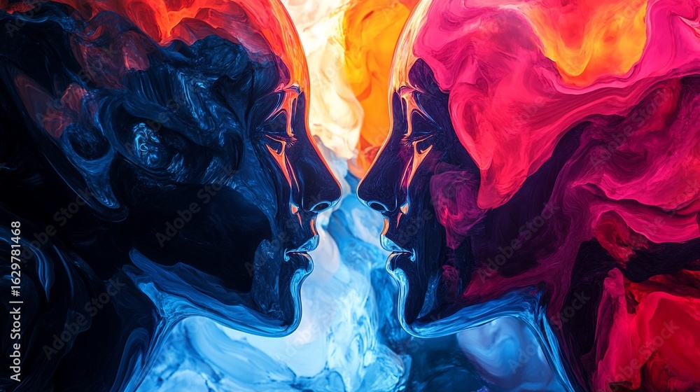 Poster surreal encounter: abstract faces with contrasting color palettes