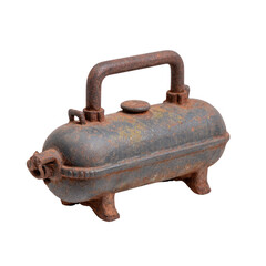 Fototapeta premium Rusty vintage compressor, isolated on a white background, showcasing weathered metal details and texture, symbolizing aged industrial equipment.