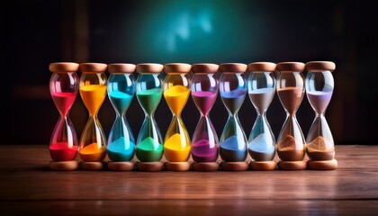 Fototapeta premium colorful hourglasses arranged on a wooden surface against a dark background time management efficiency routine