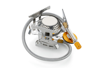 Tourist portable gas burner for cooking hot dishes and tea in the open air. Portable burner for...