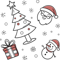 A seamless cartoon pattern featuring Santa Claus and Christmas trees with gifts and snowflakes for a merry holiday celebration