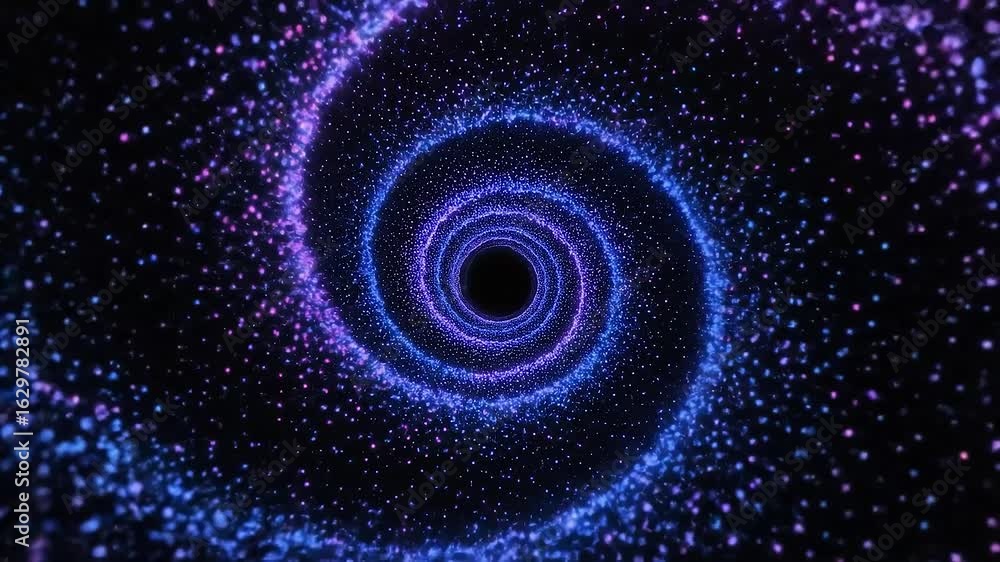 Poster abstract animation of spiraling cosmic particles forming a tunnel into a black hole or celestial vor