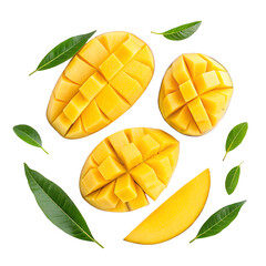 yellow mango slices with leaves top view on white background png