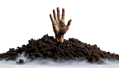 An eerie and dramatic image of a mud-covered hand reaching up from a pile of dirt. Smoke or fog can be seen below the ground, creating a mysterious and ominous atmosphere. The image is shot against a 