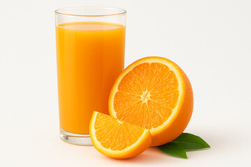 Fresh Orange Juice in Glass with Sliced Orange and Green Leaves on White Background