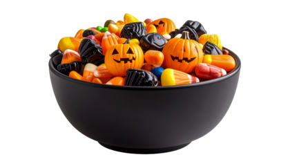 An image of a black bowl filled with assorted candies, specially selected for Halloween. The bowl contains orange and yellow candy pumpkins with painted faces, candy corn, and black and multi-colored 