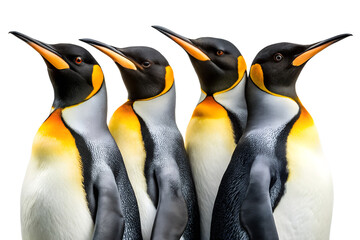 Fototapeta premium Four king penguins standing together, isolated on transparent background, showcasing their distinctive black, white, and orange plumage in a studio shot
