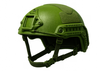 Studio shot of a modern green military helmet, isolated on transparent background, providing head protection for soldiers in combat