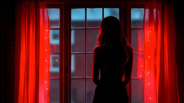Naked prostitute looking out of the window in Red lights district