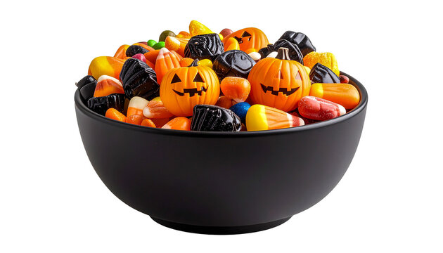 An image of a black bowl filled with assorted candies, specially selected for Halloween. The bowl contains orange and yellow candy pumpkins with painted faces, candy corn, and black and multi-colored 