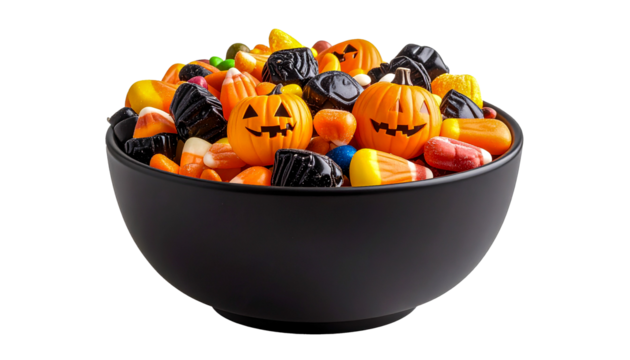 An image of a black bowl filled with assorted candies, specially selected for Halloween. The bowl contains orange and yellow candy pumpkins with painted faces, candy corn, and black and multi-colored 