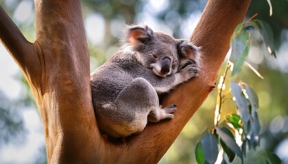 Obraz premium relaxing koala resting comfortably in a eucalyptus tree amidst nature s serenity