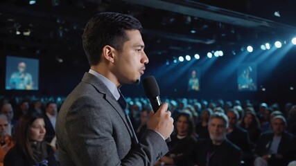 Dynamic speaker captivating an attentive audience during a professional conference with vibrant stage lighting and informative presentations in the background, fostering engagement and knowledge shari