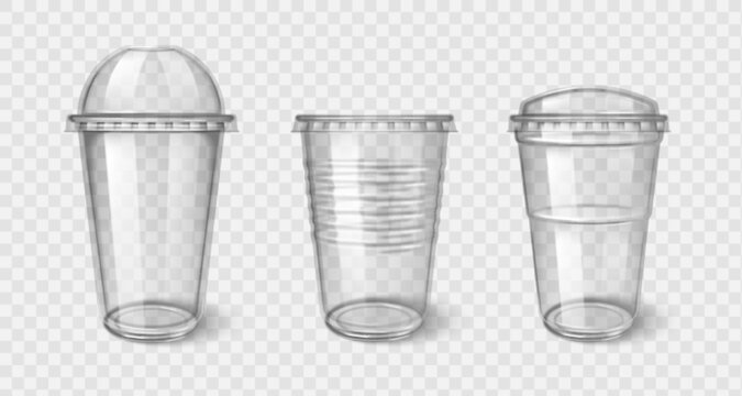 Plastic takeaway cups with transparent lid - clear disposable coffee, tea or cocktail containers. Beverage vessels with dome and flat covers for hot or cold drinks. Realistic takeaway glasses mockups