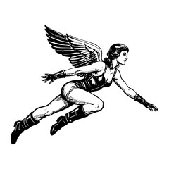 Black and white vintage illustration of pinup woman wear suit with wings fly	with Detailed Line Work and Shading in Black and White